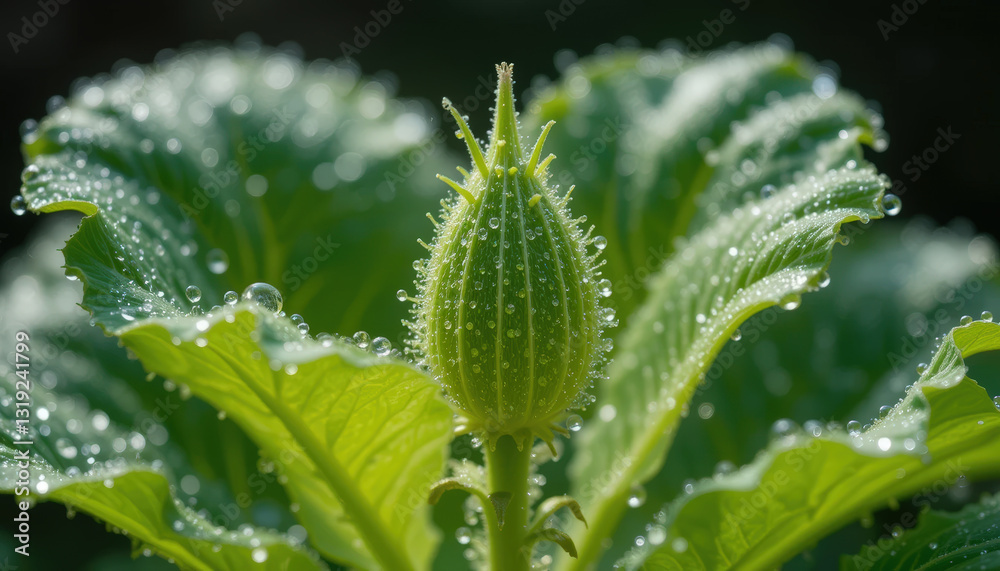 Fresh green plant with dew drops on leaves, showcasing nature beauty Fresh green plant with dew drops on leaves, showcasing nature beauty