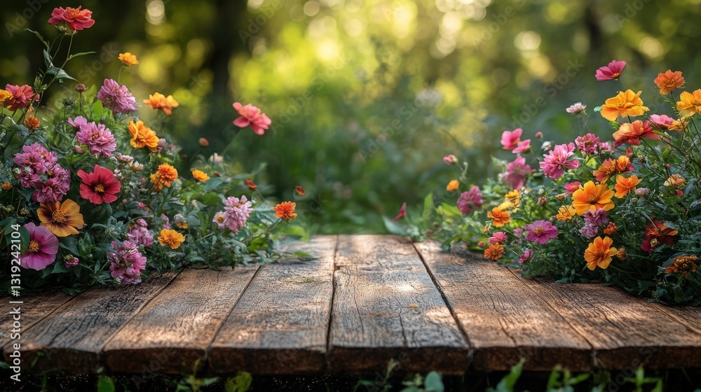 Empty wooden table with colorful flowers blooming in a garden.Wooden table top with colorful flowers blooming in a garden during a sunny summer day Empty wooden table with colorful flowers blooming in a garden.Wooden table top with colorful flowers blooming in a garden during a sunny summer day