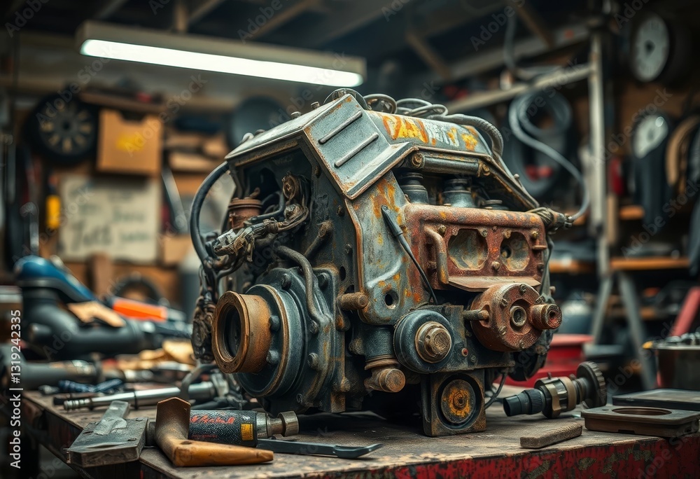 Fototapeta premium Rusty Engine Block in a Cluttered Workshop, Showing Details of Wear and Age