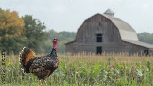 A turkey standing proudly in a farmyard, displaying its colorful feathers with a wooden barn in the background.