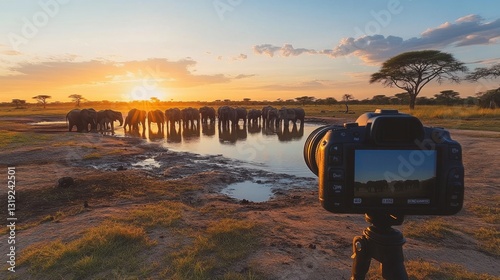A wildlife camera set up near a watering hole, capturing a herd of elephants drinking at sunrise.