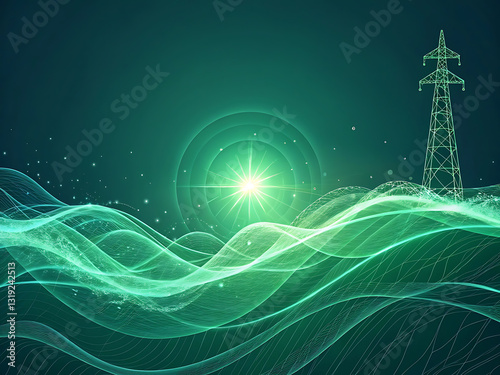Green energy waves radiating with electric tower and light burst for renewable energy themes.