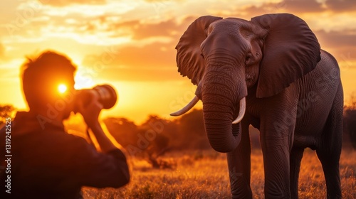 A wildlife photographer capturing a close-up shot of a majestic wild elephant in the golden light of sunset.