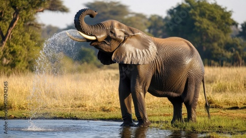 A wild elephant standing near a watering hole, spraying water onto its back with its long trunk.