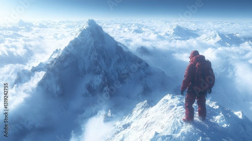 Mountaineer reaching summit observing majestic mountain range covered in snow. Mountaineer stands on a snowy peak, gazing at a breathtaking mountain range, a testament to human resilience and the allu