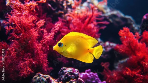 A yellow tang fish swimming peacefully among red and purple coral formations in crystal-clear water.