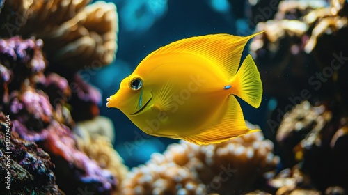 A yellow tang fish swimming through a lush reef, its bright yellow body contrasting against the deep blue sea.