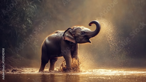 A young elephant playfully spraying water with its trunk while standing in a muddy river.