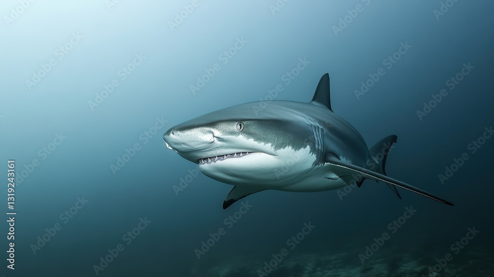 Fototapeta premium A bull shark moving stealthily through murky waters, its presence both mysterious and intimidating.