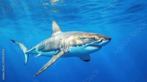 A young great white shark swimming in crystal-clear blue waters, showcasing its graceful motion.