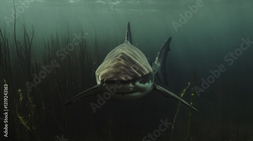 A bull shark moving stealthily through murky waters, its presence both mysterious and intimidating.