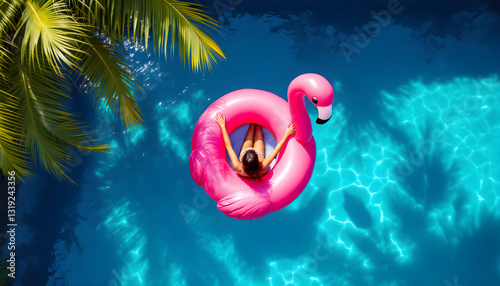 Girl float on pink inflatable flamingo in blue turquoise swimming pool. Summer relaxation and vacation concept. family water activities. Tropical resort with palm tree. Travel holiday concept