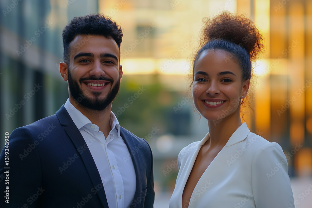 A Young smiling brazilian business posing confidently, dressed in modern business clothes, against a backdrop of tech city with illuminated office building. Inovation, Startup, Bank, Fintech. A Young smiling brazilian business posing confidently, dressed in modern business clothes, against a backdrop of tech city with illuminated office building. Inovation, Startup, Bank, Fintech.