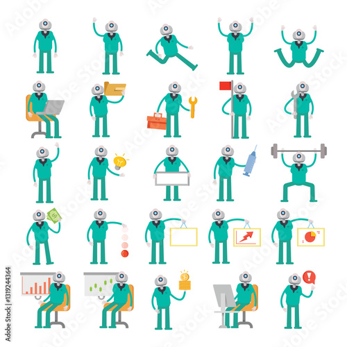 humanoid robot characters in different poses set
