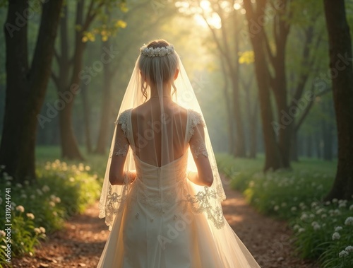 Romantic bride wearing lace wedding dress and long transparent veil, standing in forest with back facing camera, illuminated by golden sunlight. Romantic aura reflects love, nature, and beauty