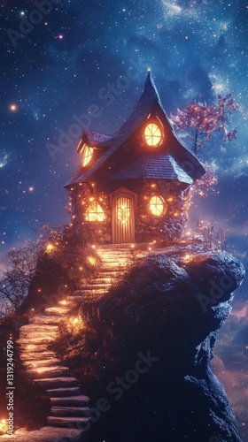 Wallpaper Mural Enchanting Stone Cottage Atop Cliff Under Starry Sky Torontodigital.ca