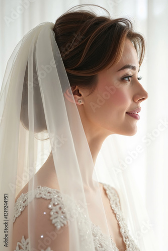 Loving bride in graceful profile, highlighting lace wedding dress and veil with pure radiant softness. Loving aura captures deep passion, creating timeless portrait of eternal joy and devotion