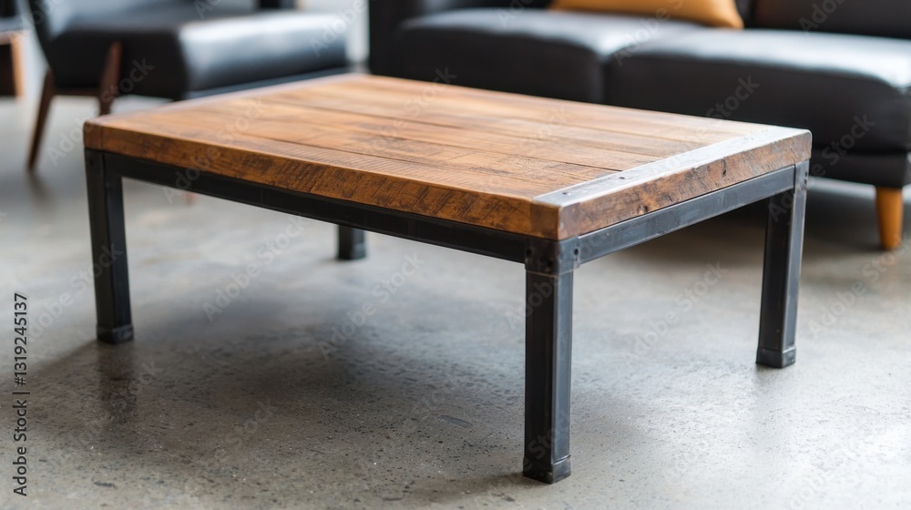 A modern wooden coffee table with a metal frame, positioned in a contemporary living room setting. A modern wooden coffee table with a metal frame, positioned in a contemporary living room setting.
