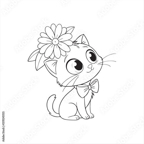 Cute Cartoon Kitten with Blue Eyes and Bow Tie in Pastel Flower Background