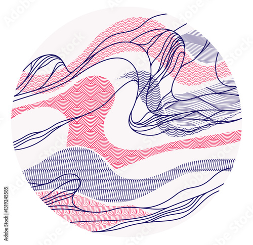 Oriental Japanese style vector abstract illustration in a shape of circle, background in Asian traditional style, wavy shapes and mountains terrain, runny like sea lines.