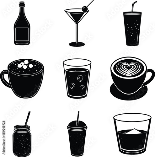 Nine Diverse Beverage Icons Coffee, Cocktails, and More