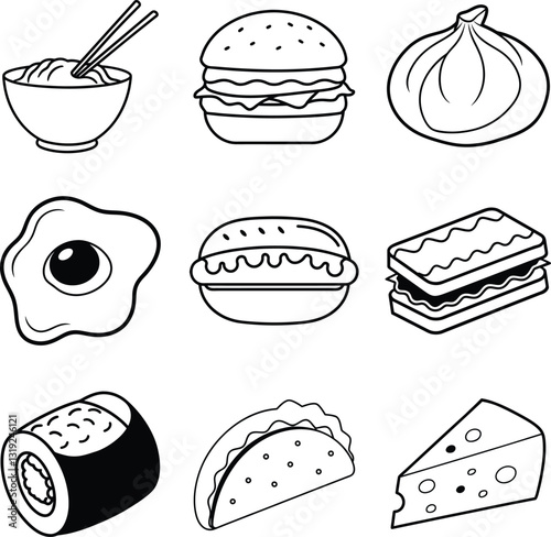 Global Cuisine Icons Noodles, Burgers, Dumplings, Eggs, and More