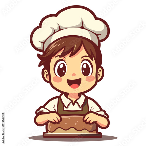 Cheerful baker character crafting dessert, playful vector illustration