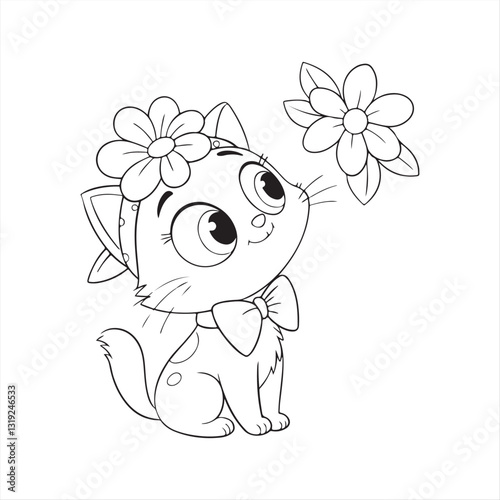 Adorable Cartoon Kitten with Blue Eyes, Bow Tie, and Floral Headpiece