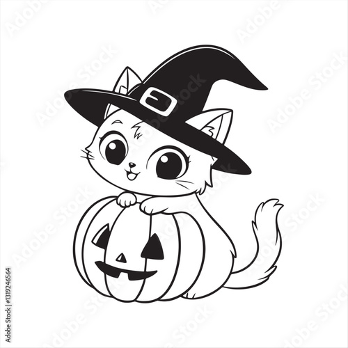 Adorable Fluffy Kitten in Witch Hat Sitting on a Carved Pumpkin