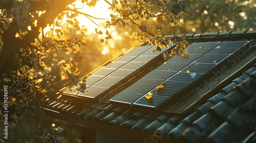 Golden Hour Sunlight Bathes A Rustic Rooftop Solar Panel System, Quietly Harnessing Natures Energy For A Sustainable Future, A Serene Autumn Scene