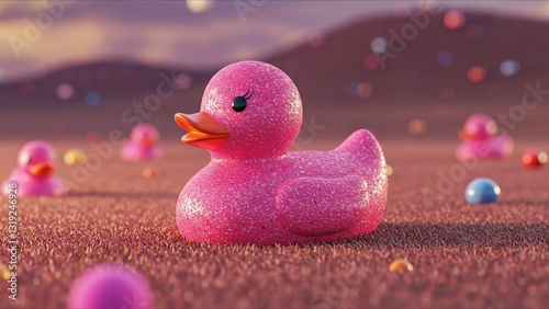 Glittery pink rubber duck in fantasy landscape