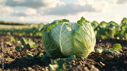 A Single, Plump Cabbage Basks In The Golden Afternoon Sun, A Testament To Natures Bounty In A Sprawling Field Under A Slightly Cloudy Sky