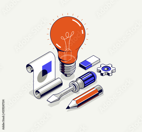 Creative idea concept, light bulb with gear vector 3D isometric icon or illustration, innovation and solution, technology and technics, research and knowledge.