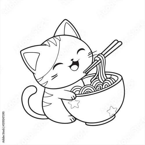 Cute Cartoon Cat Eating Noodles