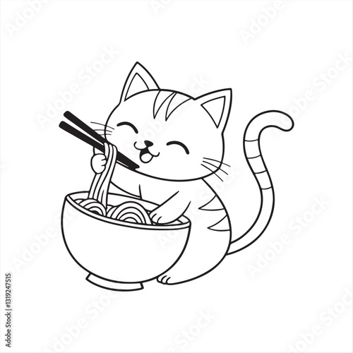 Cute Cartoon Cat Enjoying a Bowl of Noodles