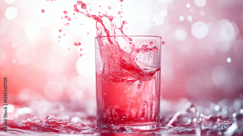 Liquid Dynamics: A vibrant glass captures a moment of splash with clear liquid, the dynamic composition accented by droplets and shimmering bokeh lights. Liquid Dynamics: A vibrant glass captures a moment of splash with clear liquid, the dynamic composition accented by droplets and shimmering bokeh lights.