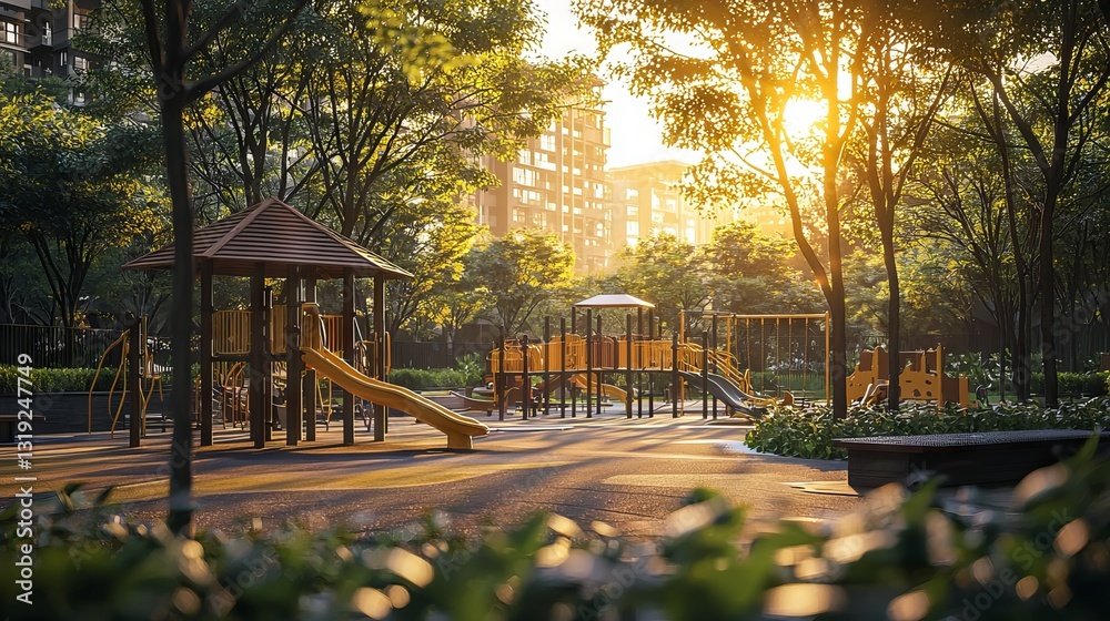 Obraz premium Serene Playground at Sunset Surrounded by Lush Green Trees and Sunlight