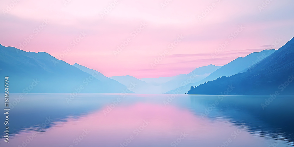 Fototapeta premium Dreamy Pastel Sky Over a Quiet Mountain Lake for Tranquil Reflection and Serene Escape