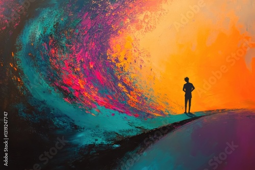 A solitary figure stands before vibrant colorful artistic abstract swirls