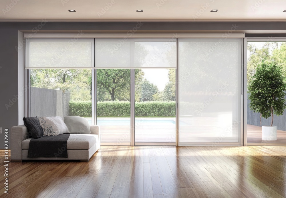 Fototapeta premium Modern living room with sheer shades, sliding glass doors, and pool view.