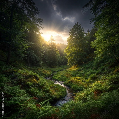 Wallpaper Mural Forest Creek Sunlight: A winding creek carves its path through a dense, vibrant forest, where sunlight bursts through a break in the stormy clouds, casting a radiant glow on the lush greenery. Torontodigital.ca