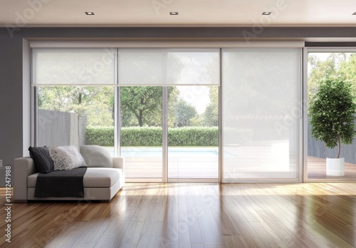 Modern living room with sheer shades, sliding glass doors, and pool view.