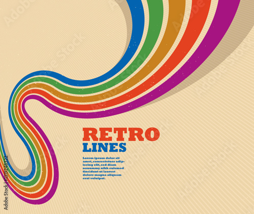 Linear vector abstract background in all colors of rainbow, retro style lines in 3D dimensional perspective, vintage poster art.