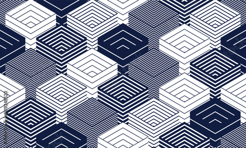 3D cubes seamless background, abstract tiling endless pattern with blocks, cubic optic construction wallpaper, surreal op art surface modular abstraction.