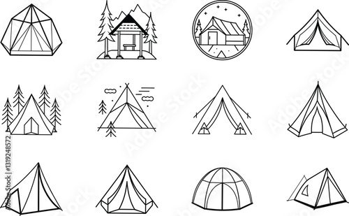 Camping Tent Icons Diverse Designs, Outdoor Adventure Graphics