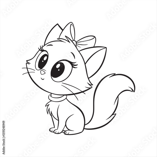 Cute White Cat with Pink Bows – Adorable Cartoon Illustration