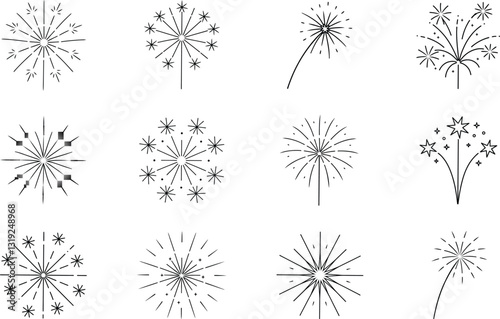 Sparklers, Fireworks, Celebration, Party, Icons, Design, Vector, Graphics, Line Art, Illustrations