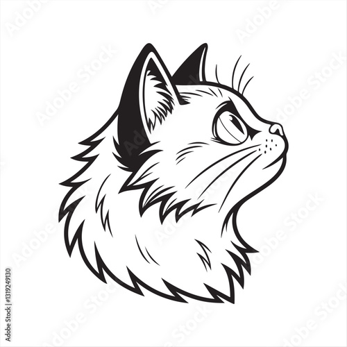 Fluffy White Cat Head with Blue Eyes on Orange Background