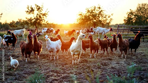Golden Hour on the Farm: Chickens and Goats at Sunset
