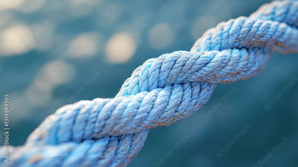 Twisted Nautical Rope: A close-up shot of a thick, blue rope twisted together against a blurred aqua-colored background, evoking a sense of strength and maritime charm. 